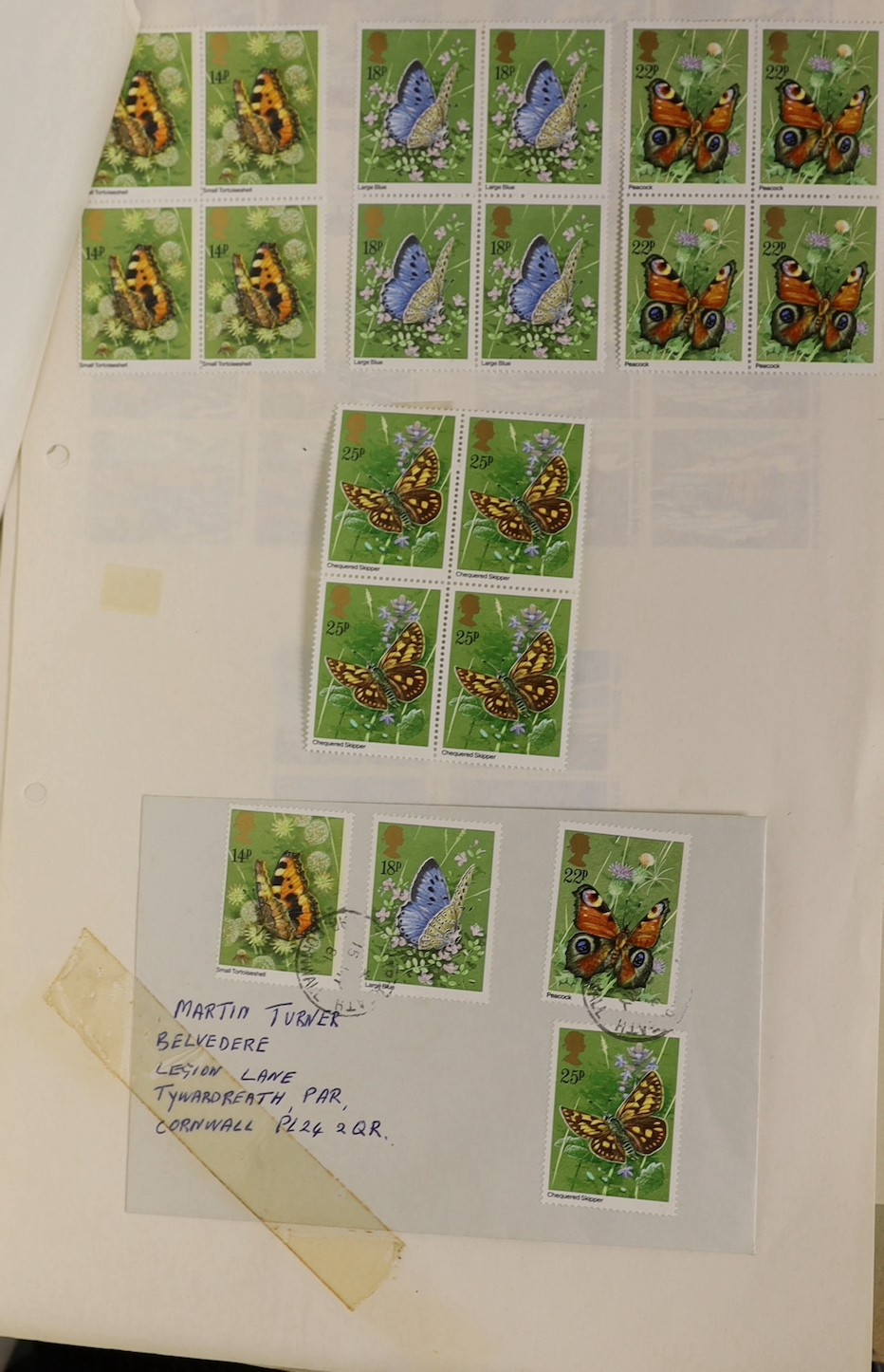 World stamps in folder on album leaves with Great Britain, Australia, Canada, France and the USA, some 1960s, 1980s, mint blocks and F.D.C.